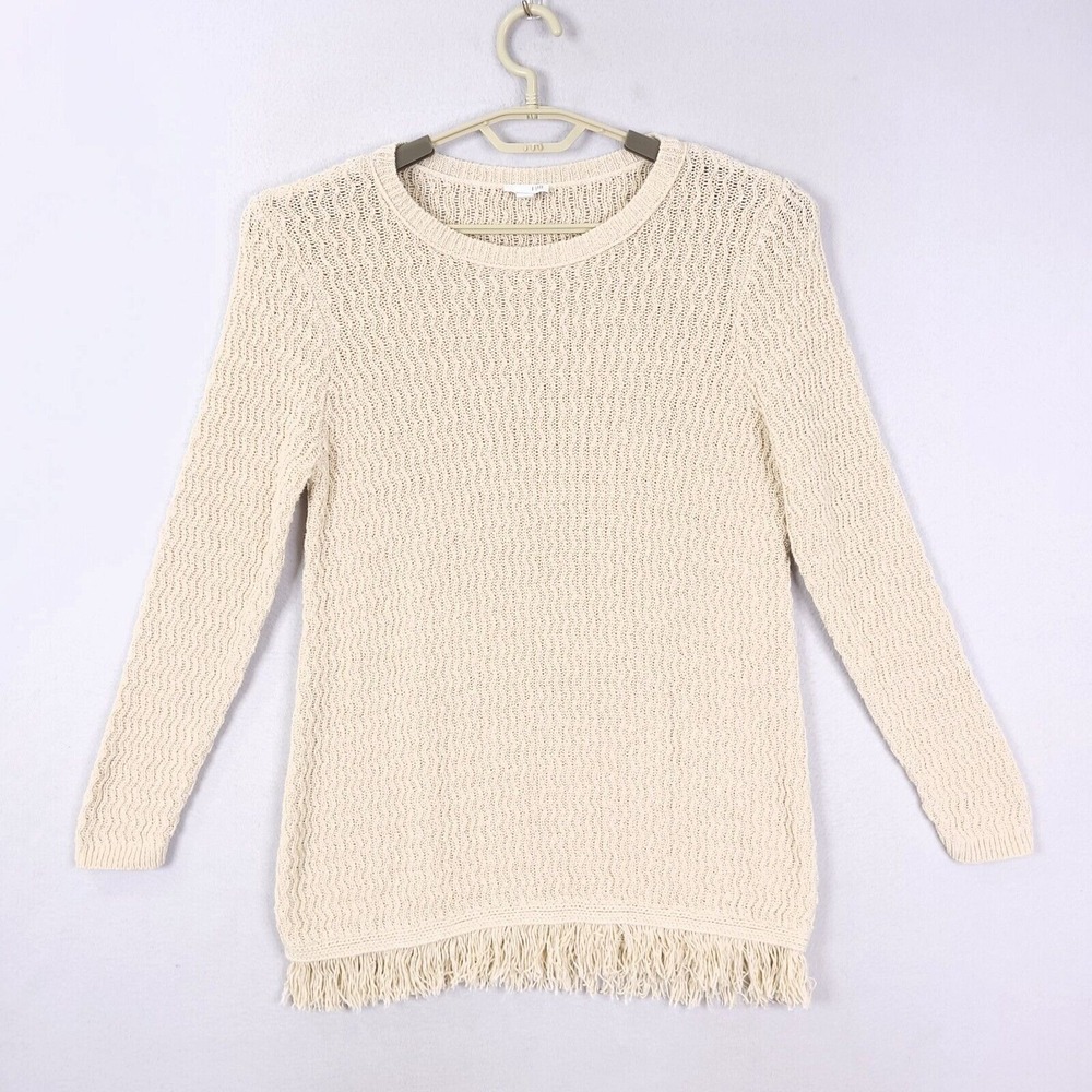 J Jill Sweater Womens Medium Beige Knit Pull over Fringe Boxy Oversized Coastal